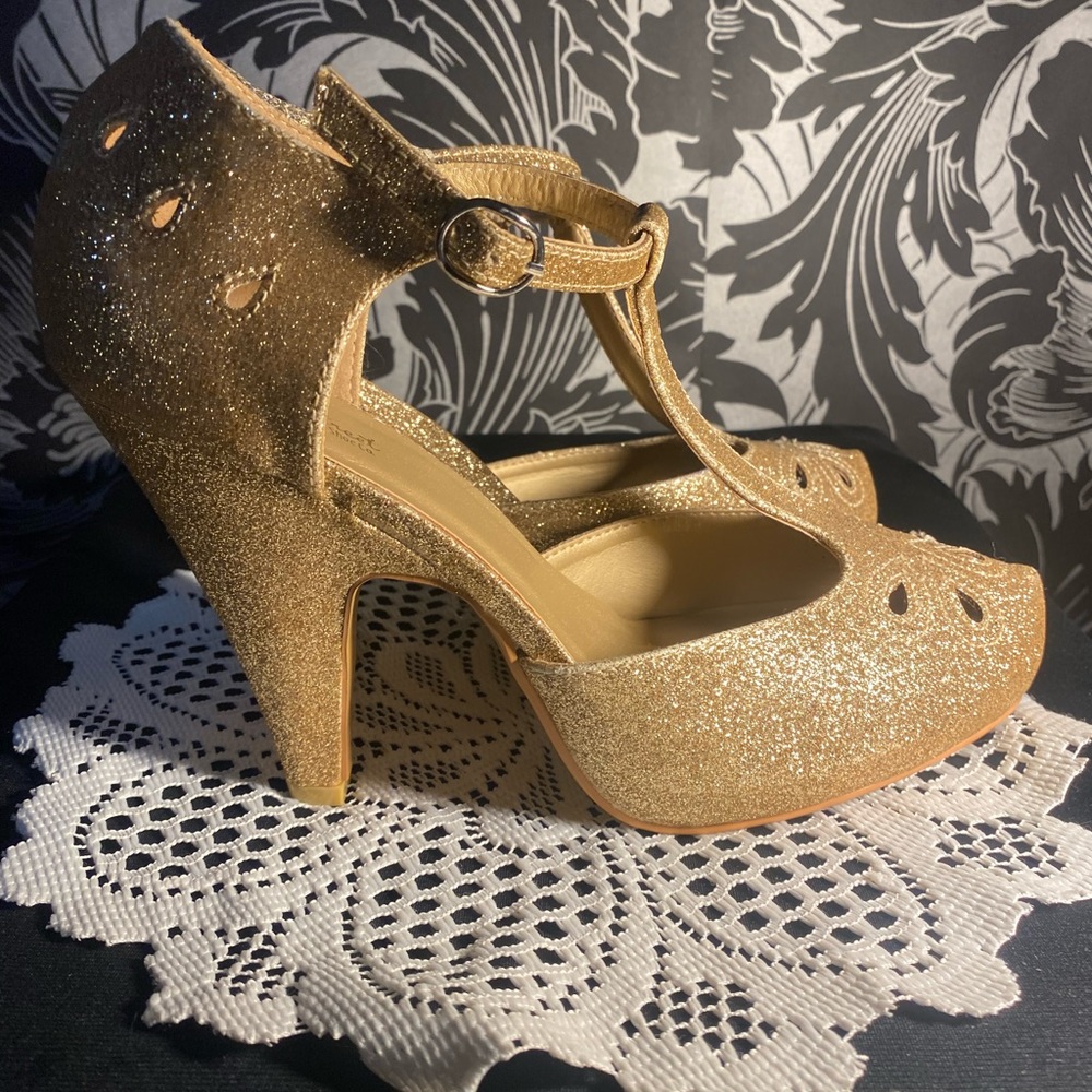 Graham street Great Gatsby t-strap gold shine heels